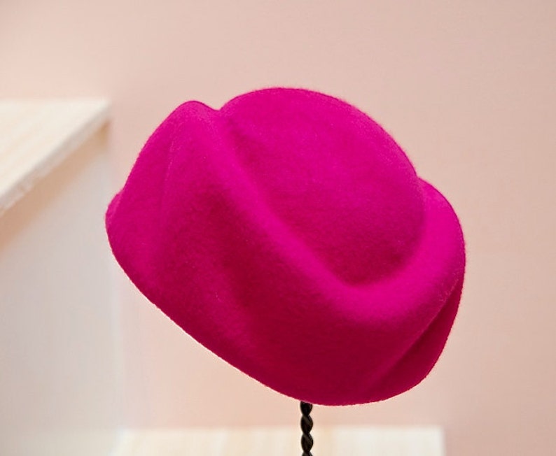 Bright Pink Sculptural Wool Felt Pill Box Hat. Handmade on Vintage Wooden Block-Classic Hat style-Mother of the Bride-Wedding-Christmas Hat image 4