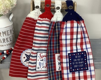4th of July Kitchen Towels, Patriotic Dish Towels, Crochet Top Self Hanging Dish Towel, Red White Blue Towels, Happy 4th, Independence Day