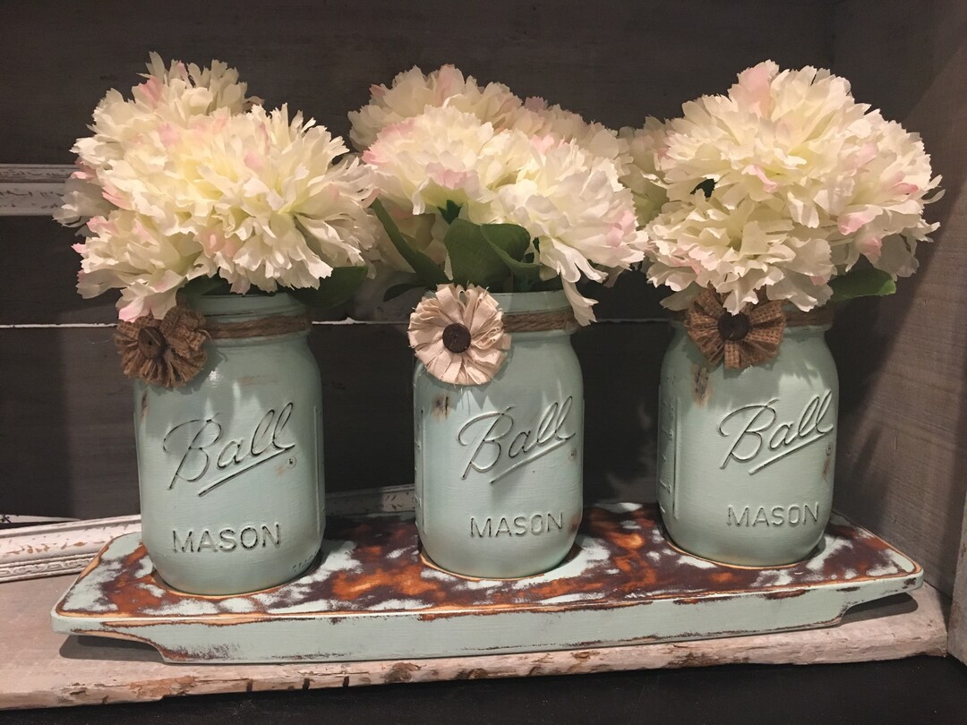 Mason Jar Vase Centerpiece Mint Mason Jars With Wood Tray Etsy