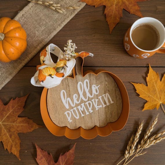 Hello Pumpkin Fall Metal and Wood Table Top Sign
