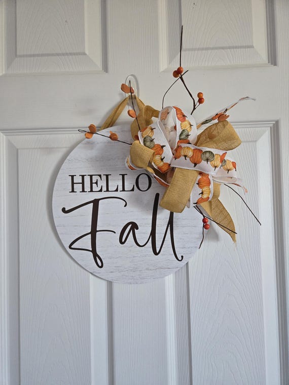 Hello Fall, Yellow, orange and white Wooden door hanging sign.