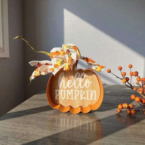 Hello Pumpkin Fall Metal and Wood Table Top Sign