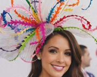 Kentucky Derby Fascinator, multicolored colorful feathers, white crinoline, Derby Fascinator "Bold Winner"