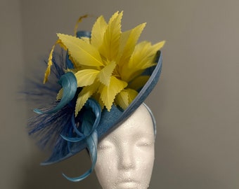 SOLD  Kentucky Derby Fascinator - yellow and blue "Partying in the Paddock"