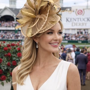 May include: A woman wearing a gold-toned fascinator with feather and net detailing. She is wearing a white dress and diamond earrings. The background includes a crowd and a sign that says "Kentucky Derby".