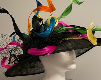 SOLD Kentucky Derby Hat - wide brimmed black crinoline  woman’s hat "She's So Schnazzy" SOLD