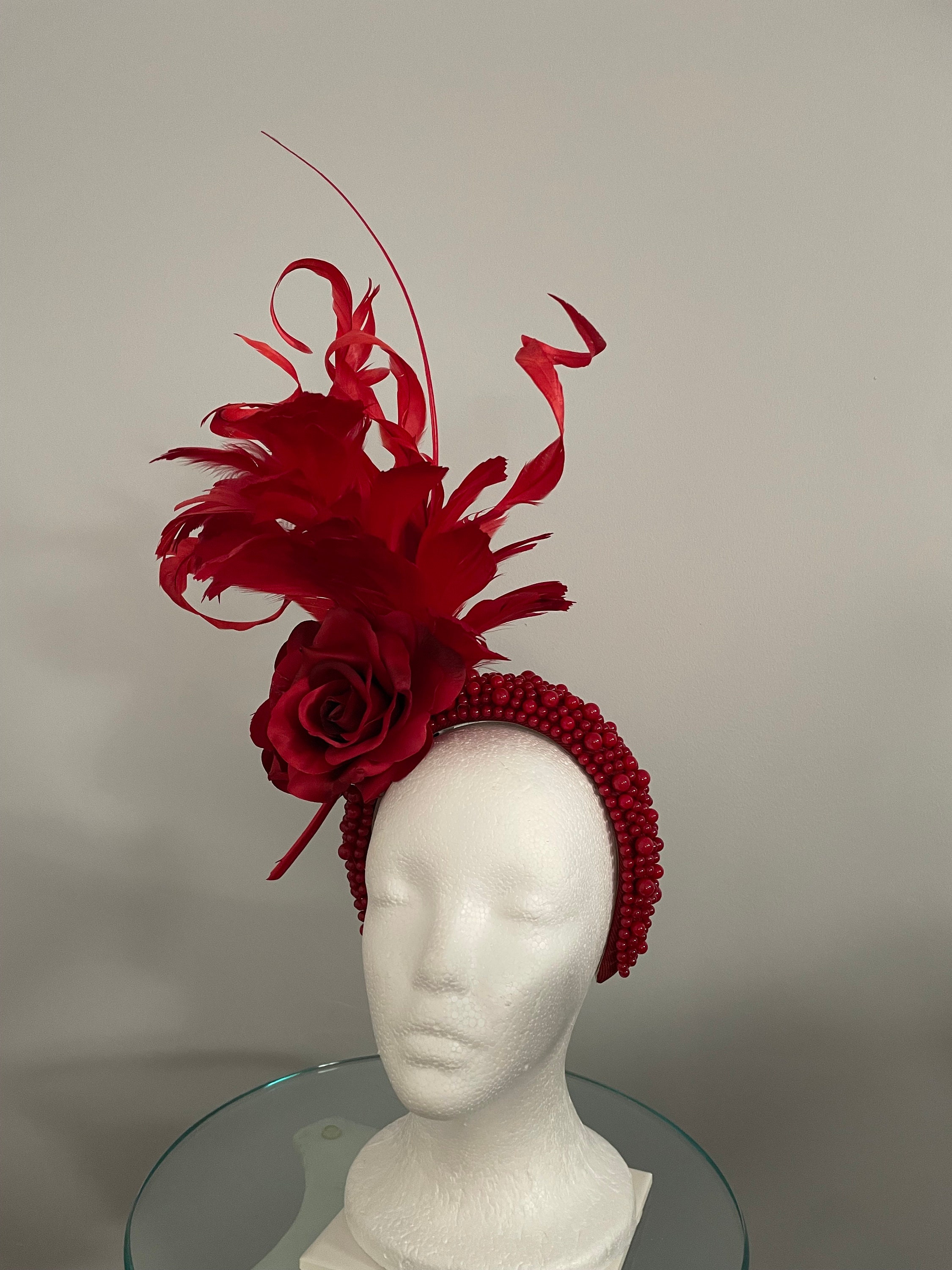 Kentucky Derby Chic Red Feather Fascinator Statement Hat Louisville U of L Derby season is here! ❤️ We have a stunning selection of  main image 2