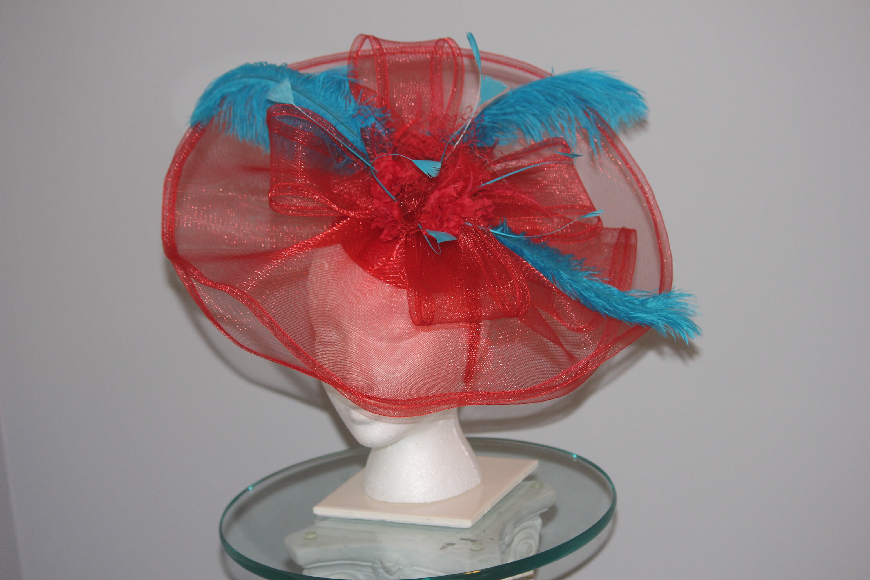 Custom Derby fascinator with Red and Light Blue Accents. Perfect for the races! Stylish Hats and Fascinators to Wear to the Kentucky Derby main image 4