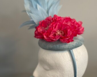 SOLD Kentucky Derby Pastel Blue and Hot Pink Fascinator  - "Fresh Feathers”