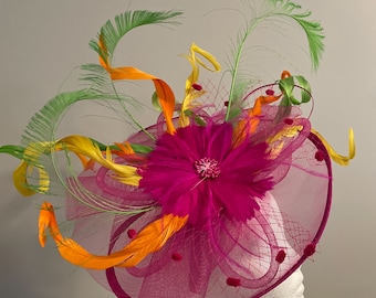 SOLD Kentucky Derby Hot Pink and multicolored Fascinator  - "Fuchsia Funsie” SOLD