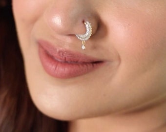 KuberBox Traditional Bollywood Diamond Nose Ring 18K Yellow Gold SI-HI Certified Diamonds