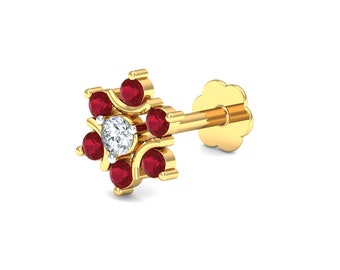 Orecchino da naso KuberBox con rubino e diamante da 1/10, in oro giallo 18 carati, con diamanti certificati SI-HI.