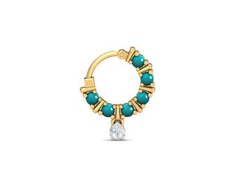Anello da naso KuberBox in oro 18 carati e diamanti con turchese Kantha per donna