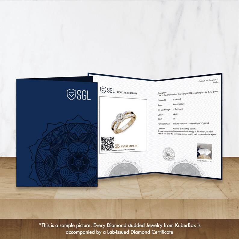 May include: A close-up of a diamond ring certificate. The certificate is from SGL Jewellers Report and features a gold ring with a round brilliant diamond. The certificate includes details about the diamond, including its carat weight, clarity, and color. The certificate also includes a QR code that can be used to verify the authenticity of the diamond.