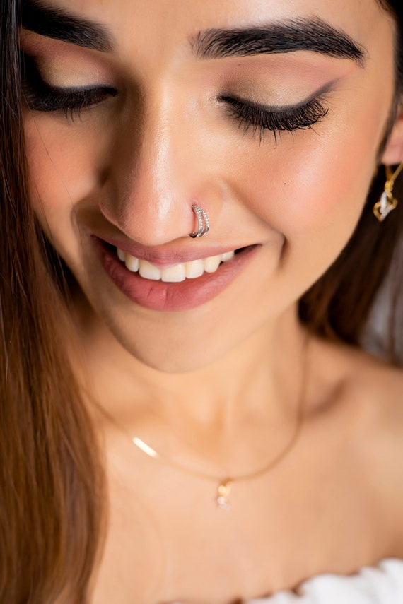 Silvermerc Gold Plated Green & White Stone Studded Floral Meenakari Nose  Ring