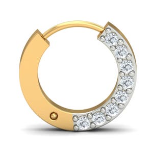 May include: A gold hoop earring with a row of small diamonds set in a half circle around the hoop.
