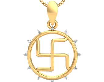 KuberBox 18K/14K Gold And Diamond Enclosed Swastik Pendant, Father&#39;s Day Gift, Gifts for men, Gifts for him, religious pendant