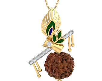 Ciondolo KuberBox con Krishna e Rudraksha in oro 18 carati/14 carati e diamanti, regalo per la festa del papà, regali per uomo, regalo per lui, ciondolo religioso