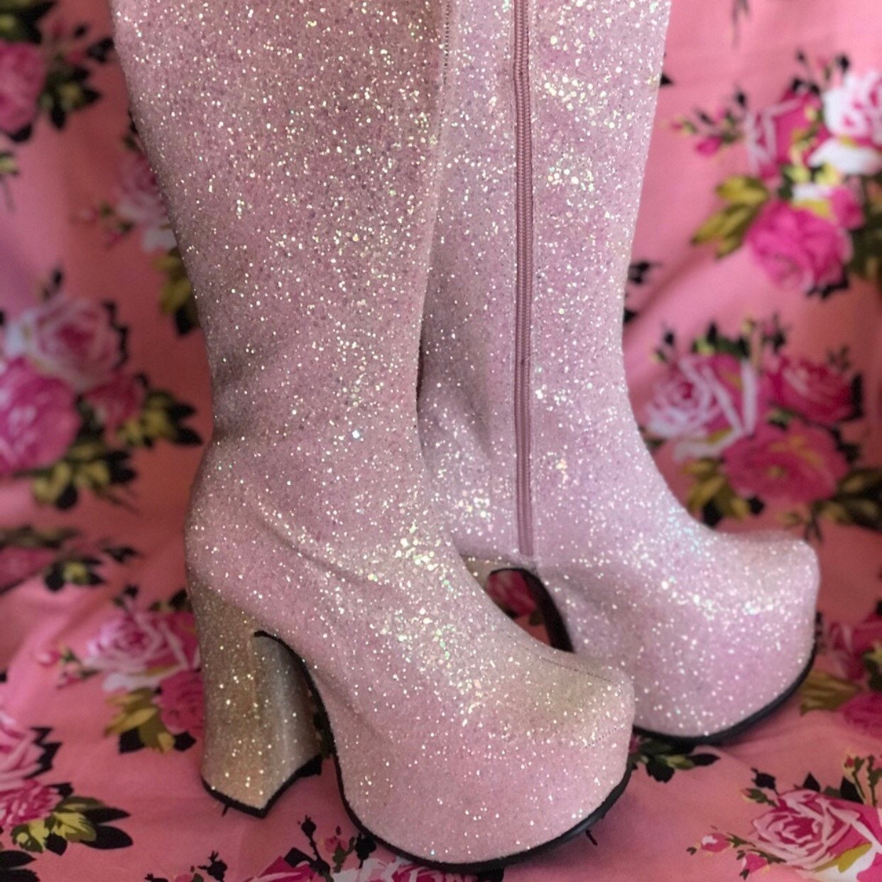 El Dantes Pink Glitter Vintage Platform Glam Knee High Boots - Etsy