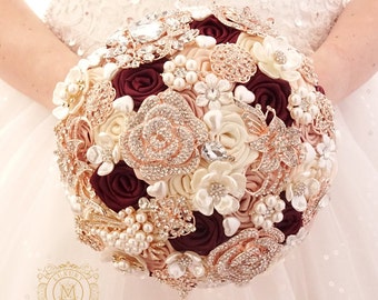 Rose gold burgundy brooch bouquet. Crystal heirloom bridal flowers
