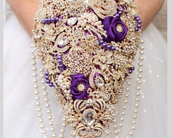 Gold wedding cascade bouquet. Brooch bouquet. Purple bridal bouquet. Full jeweled glamour bouquet.