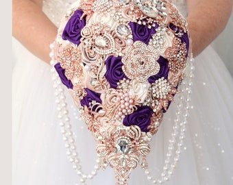 Plum purple rose gold teardrop brooch bouquet. Royal purple