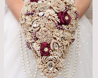 Gold burgundy wedding cascade bouquet. Brooch bouquet. Dark red bridal bouquet. Full jeweled glamour bouquet.