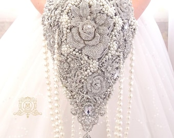 Extra long Teardrop cascading silver pearl brooch bouquet.