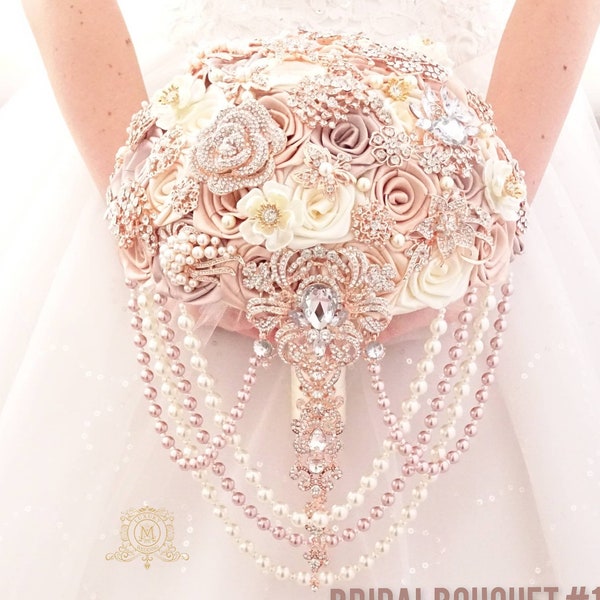 Brooch bouquet. Rose gold bouquet. Wedding bouquet. Champagne bouquet . Cascading bouquet. Bridal bouquet. Blush pink bouquet. Ivory bouquet