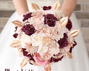 Burgundy blush pink Wedding bouquet. quinceañera Burgundy pink rose gold brooch bouquet. Bridal bouquet. Silk flowers bouquet