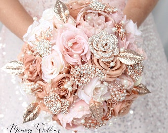 Champagne Wedding bouquet. Blush pink rose gold brooch bouquet. Bridal bouquet. Silk flowers bouquet