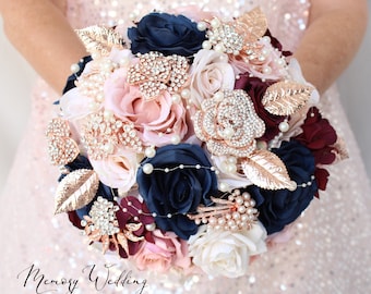 Navy blue burgundy Wedding bouquet. Rose gold brooch bouquet. Bridal bouquet. Silk flowers bouquet.  flowers bouquet