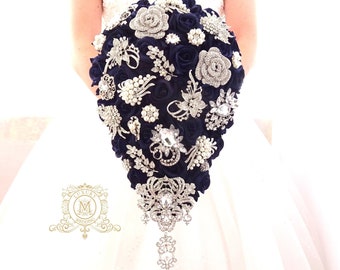 Navy blue silver cascading keepsake teardrop brooch bouquet.