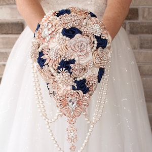 Stunning Cascading Brooch Bouquet made of Silk Handmade flowers Champagne Navy Blue and Rose Gold Jewelry