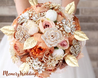 Autumn colors gold brooch bouquet. Burnt orange bridal bouquet. Terracotta wedding flowers. The faux flowers. Gold jeweled bouquet