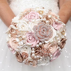 Blush pink brooch bouquet, boutonniere, corsage. Dusty rose Bridal bouquet. Pearl quinceanera bouquet