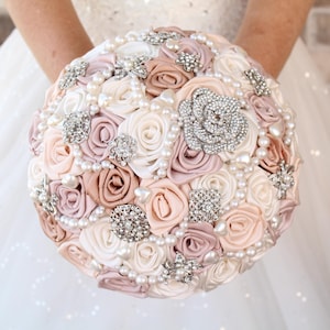 Blush pink silver brooch bouquet, boutonniere, corsage. Dusty rose Bridal bouquet. Pearl quinceanera bouquet
