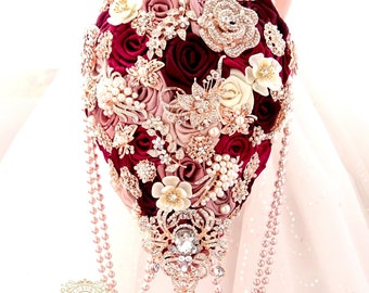 Wedding bouquet. Cascade bouquet. Burgundy bridal bouquet. Faux flowers. Rose gold bouquet