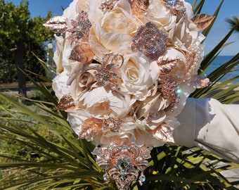 Rose gold and cream  brooch bouquet. Cascading artifitial flowers bridal bouquet