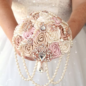 Champagne rose gold cascading brooch bouquet, boutonniere, corsage.