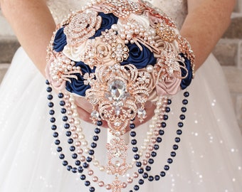 Navy blue Rose Gold pink wedding bridal  brooch bouquet. Cascading luxurious bridal bouquet