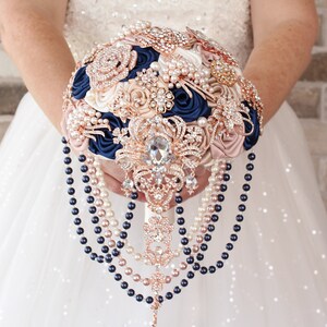 Navy blue Rose Gold pink wedding bridal  brooch bouquet. Cascading luxurious bridal bouquet