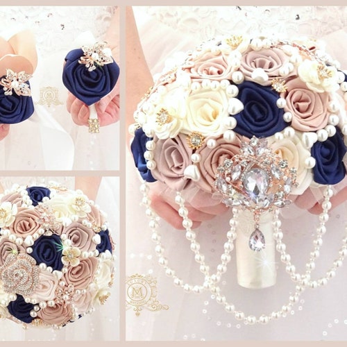 Navy Blue Blush Pink Rose Gold Wedding Brooch Bouquet. Etsy