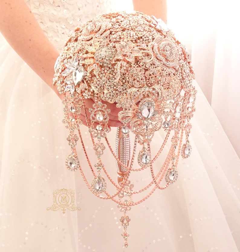 lux handle bouqet Luxury full jeweled silver or rose gold brooch bouquet by MemoryWedding Wedding glamour Gatsby crystal bling cascading