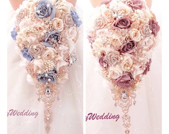 Dusty Blue/ Dusty pink Wedding Bouquet, blush pink and rose gold cascading silk flowers Brooch Bouquet