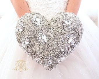 Wedding bouquet Heart shaped silver brooch bouquet. St Valentine's day luxury gift for her