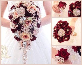 Burgundy wedding bouquet. Cascade bouquet. Rose gold jeweled bouquet. Silk flowers bouquet. The faux flowers bouquets