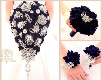 Teardrop cascading navy blue silver brooch bouquet.