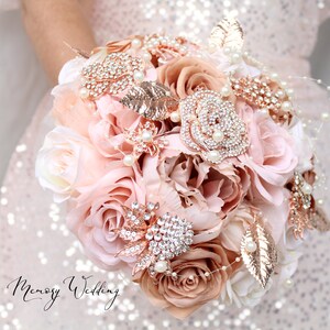 Champagne Wedding bouquet. Blush pink rose gold brooch bouquet. Bridal bouquet. Silk flowers bouquet image 4