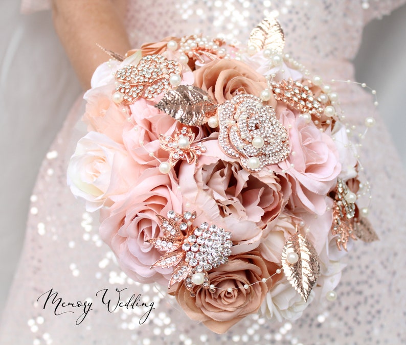 Champagne Wedding bouquet. Blush pink rose gold brooch bouquet. Bridal bouquet. Silk flowers bouquet image 4